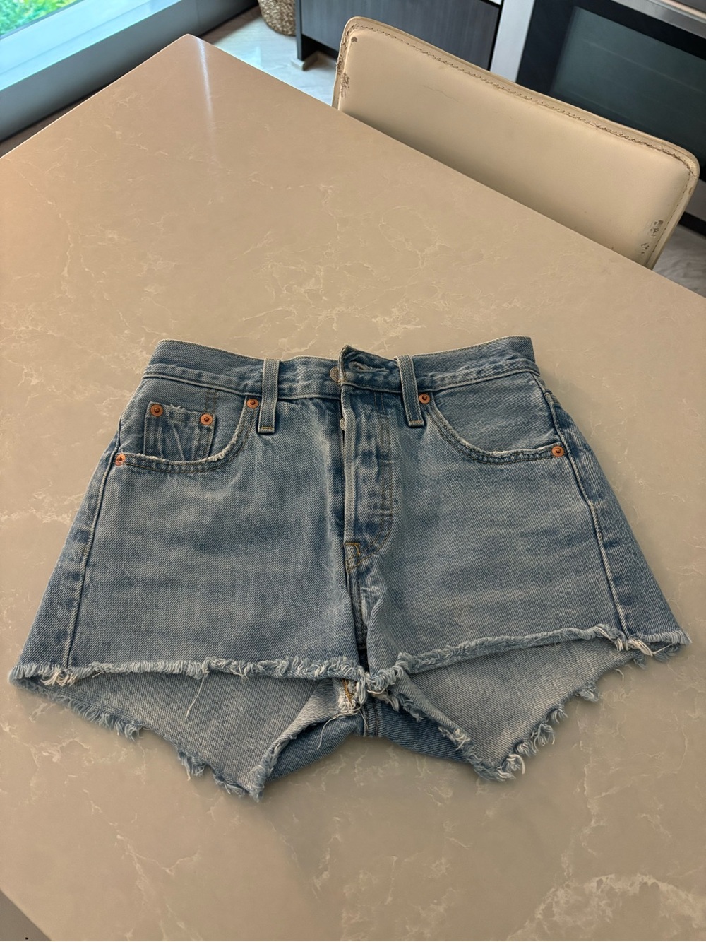 Levi's Light Wash High-Rise Frayed Hem Denim Shorts